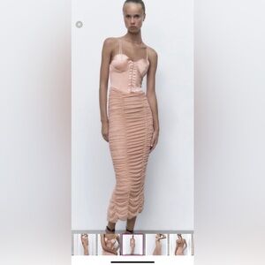 ZARA RUCHED TULLE CORSET DRESS  BEIGE-PINK